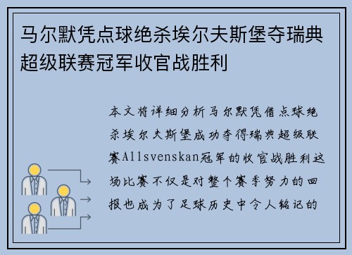 马尔默凭点球绝杀埃尔夫斯堡夺瑞典超级联赛冠军收官战胜利 马尔默凭点球绝杀埃尔夫斯堡夺瑞典超级联赛冠军收官战胜利